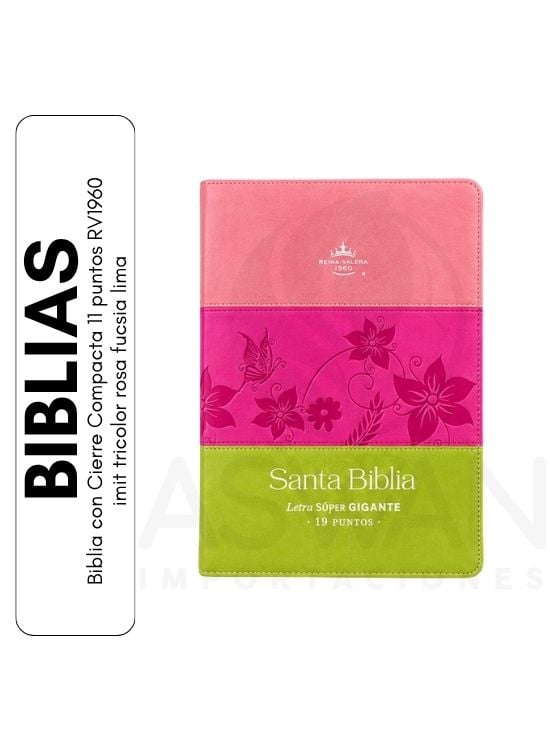 BIBLIA CON CIERRE COMPACTA 11 PUNTOS RV1960, IMIT TRICOLOR ROSA FUCSIA LIMA - 1
