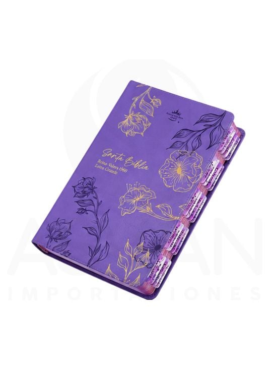 BIBLIA REINA VALERA 1960 LETRA GRANDE SIMIL PIEL MORADO FLORAL CON PESTAÑAS - 2