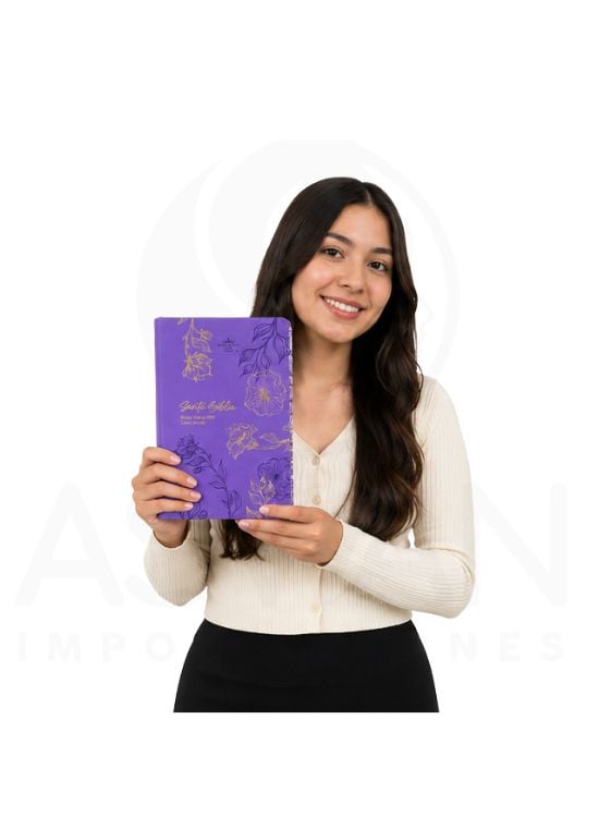 BIBLIA REINA VALERA 1960 LETRA GRANDE SIMIL PIEL MORADO FLORAL CON PESTAÑAS - 3