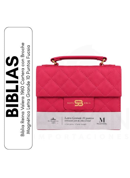 BIBLIA REINA VALERA 1960 CARTERA CON BROCHE MAGNÉTICO LETRA GRANDE 10 PUNTOS FUCSIA - 1