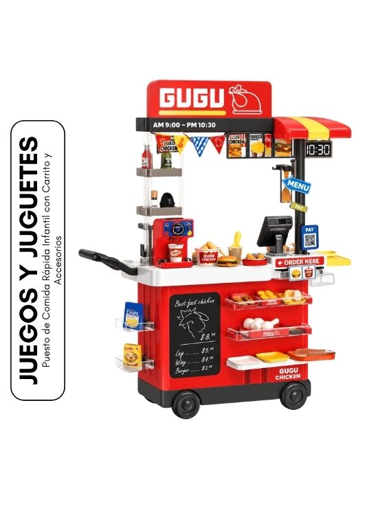 PUESTO DE COMIDA RÁPIDA INFANTIL CON CARRITO Y ACCESORIOS - 1
