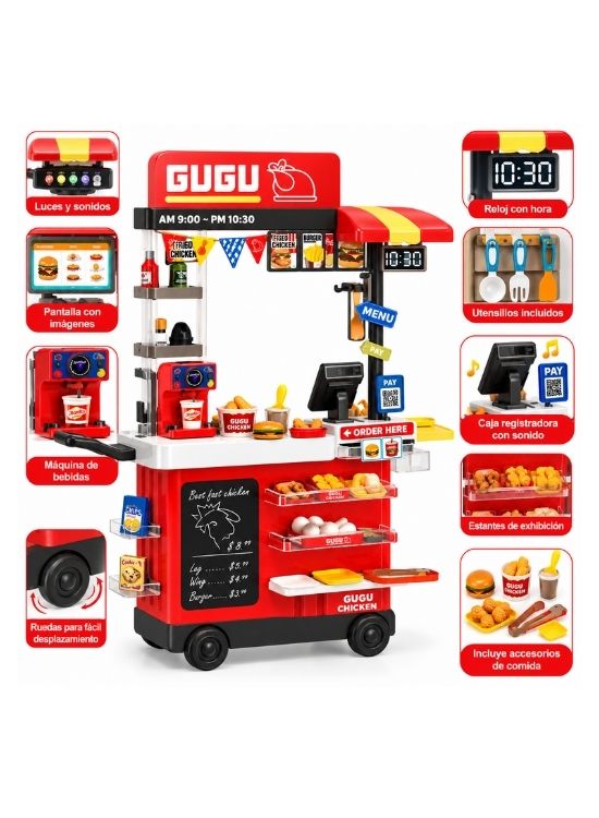 PUESTO DE COMIDA RÁPIDA INFANTIL CON CARRITO Y ACCESORIOS - 2