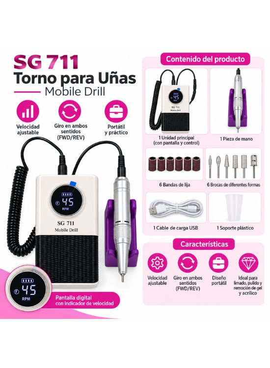TORNO ELÉCTRICO PORTÁTIL PARA MANICURE Y PEDICURE SG711 - 2