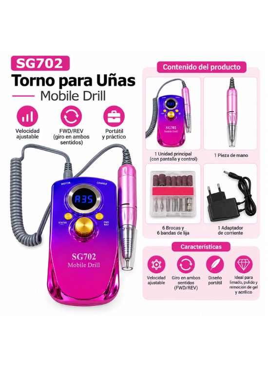 TORNO ELÉCTRICO RECARGABLE PARA MANICURE SG702 FUCSIA - 2