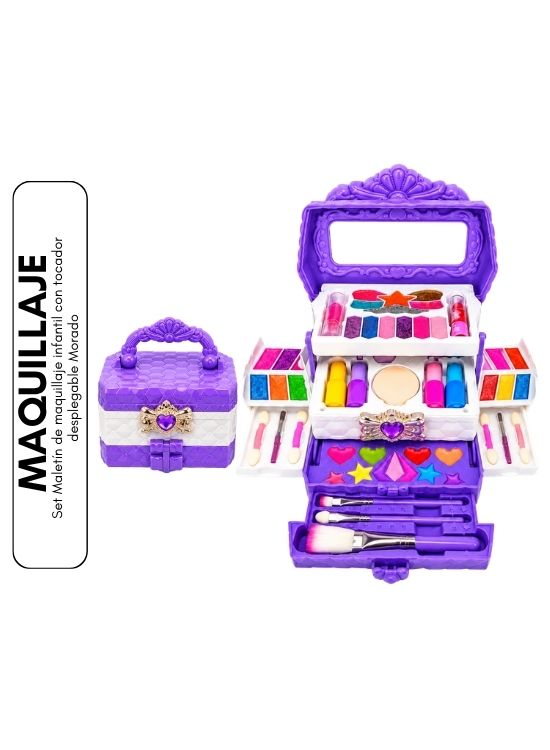 SET MALETÍN DE MAQUILLAJE INFANTIL CON TOCADOR DESPLEGABLE MORADO - 1