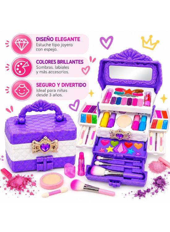SET MALETÍN DE MAQUILLAJE INFANTIL CON TOCADOR DESPLEGABLE MORADO - 2