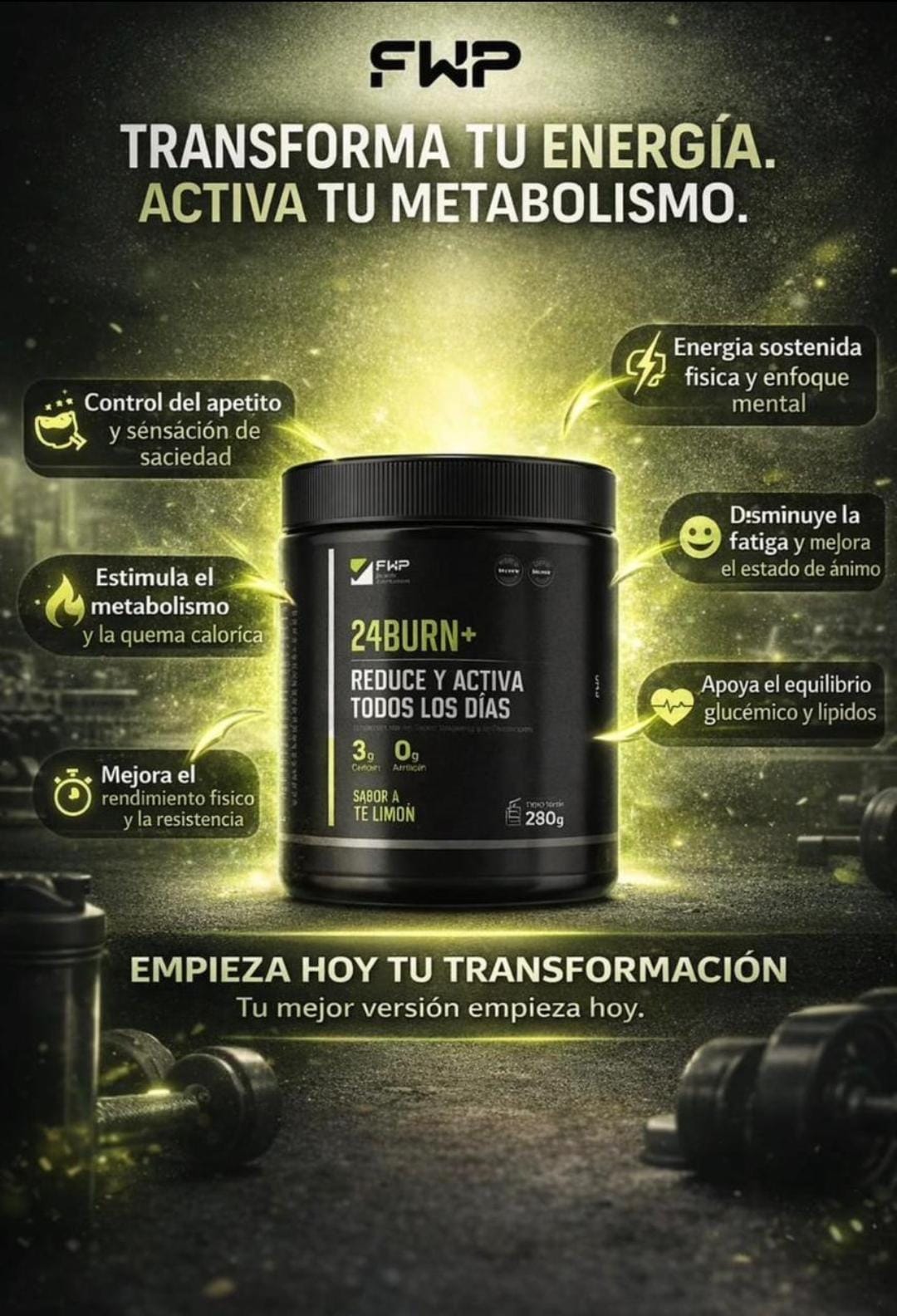 QUEMADOR DE GRASA FHP 24BURN+ TÉ LIMÓN 280G LIMÓN - 2