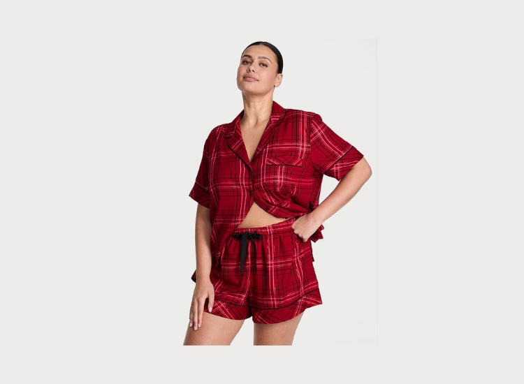 CONJUNTO DE PIJAMA CORTO DE FRANELA VICTORIA'S SECRET ROJO - 1