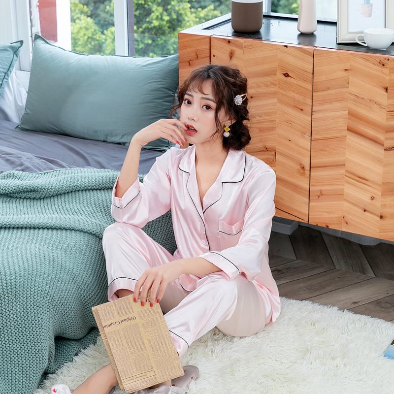 PIJAMA SEDA SATIN MUJER PANTALON MANGA LARGA - 1