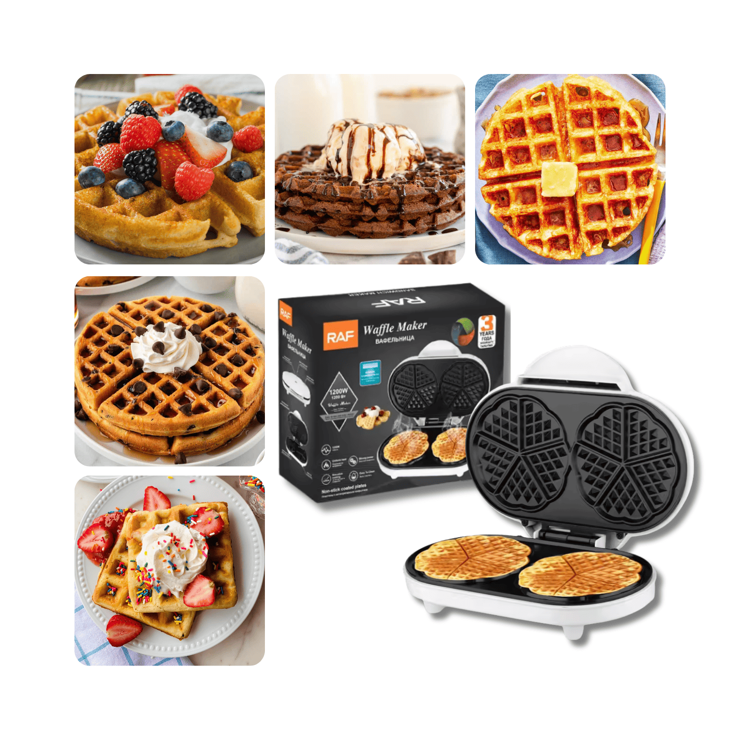 WAFFLERA ELÉCTRICA RAF 1200W DOBLE ANTIADHERENTE PARA 2 WAFFLES SIMULTÁNEOS - 1