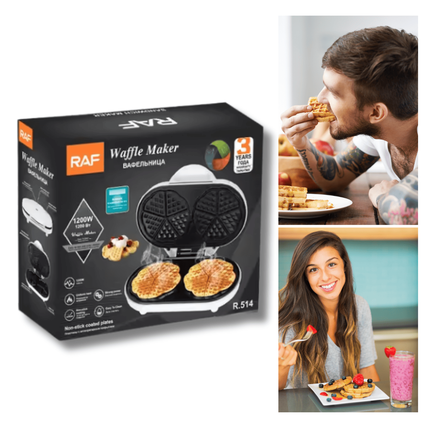 WAFFLERA ELÉCTRICA RAF 1200W DOBLE ANTIADHERENTE PARA 2 WAFFLES SIMULTÁNEOS - 2