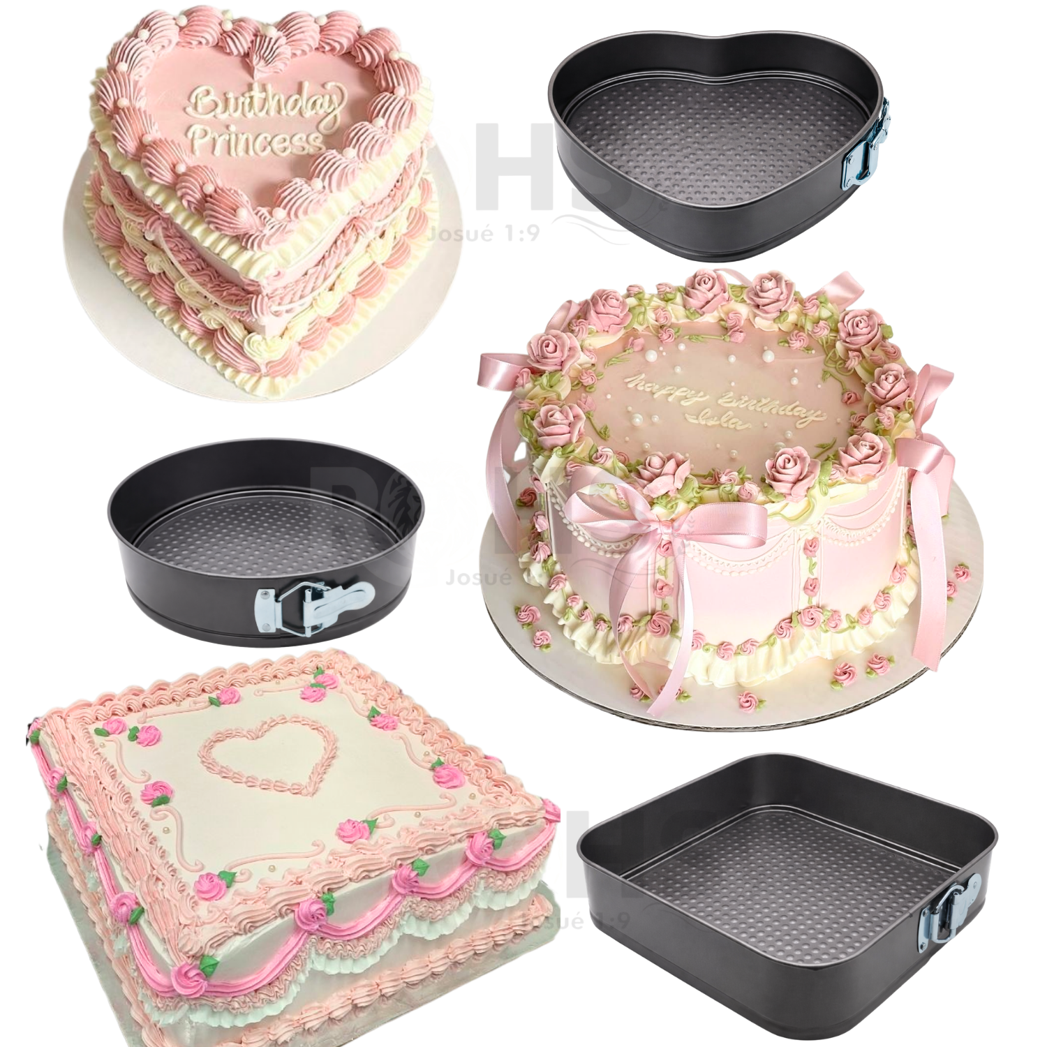 SET DE 3 MOLDES DESMONTABLES ANTIADHERENTES DE METAL REDONDO CORAZÓN Y CUADRADO + KIT DE DECORACIÓN CON BOQUILLAS Y MANGA - 3