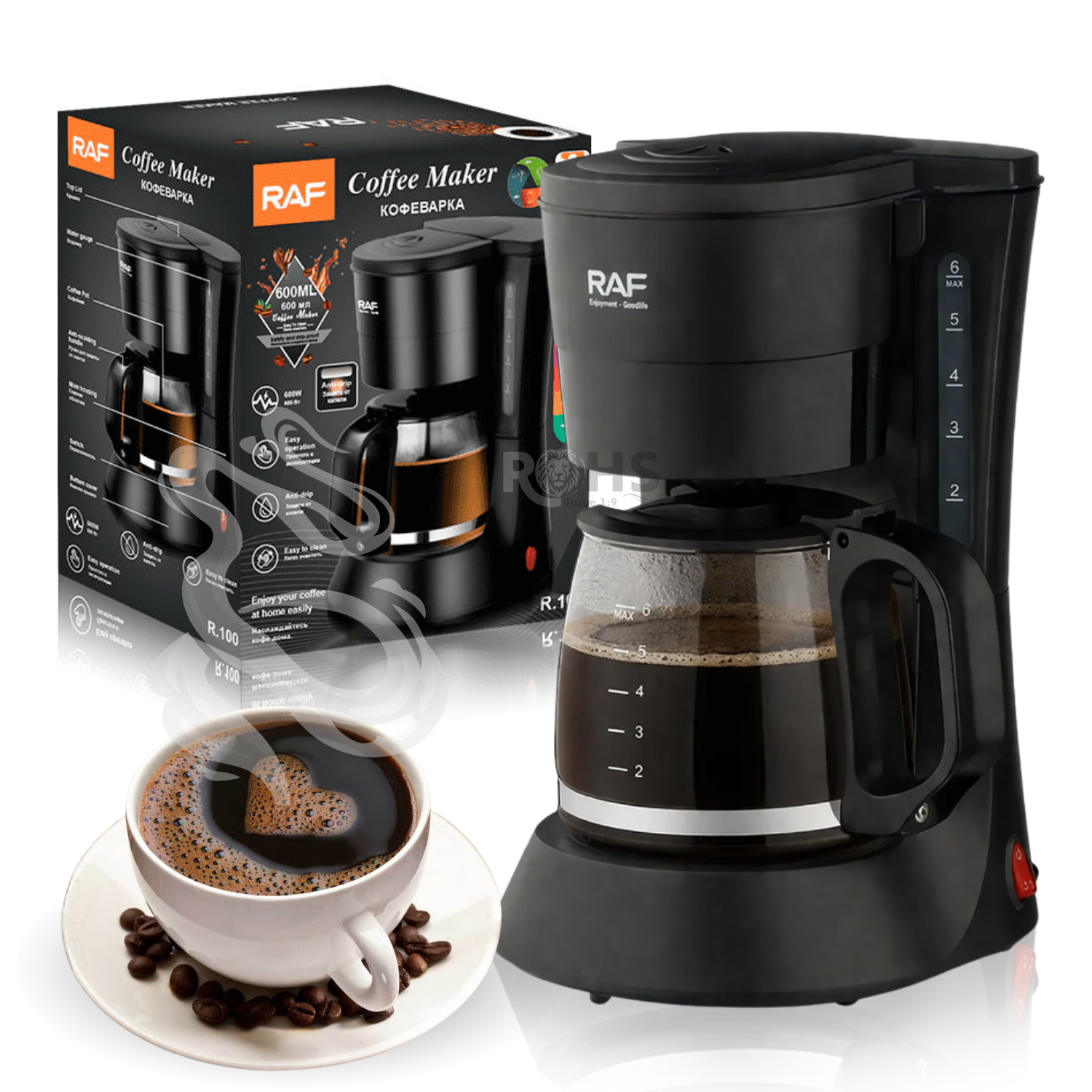 CAFETERA ELÉCTRICA DE GOTEO RAF R.100 600W CON JARRA DE VIDRIO 6 TAZAS SISTEMA ANTI GOTEO - 1