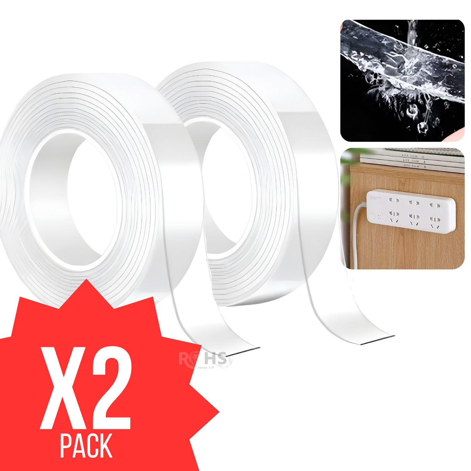 CINTA ADHESIVA DOBLE CARA RESISTENTE AL AGUA REUTILIZABLE PACK 2 UNIDADES - 1