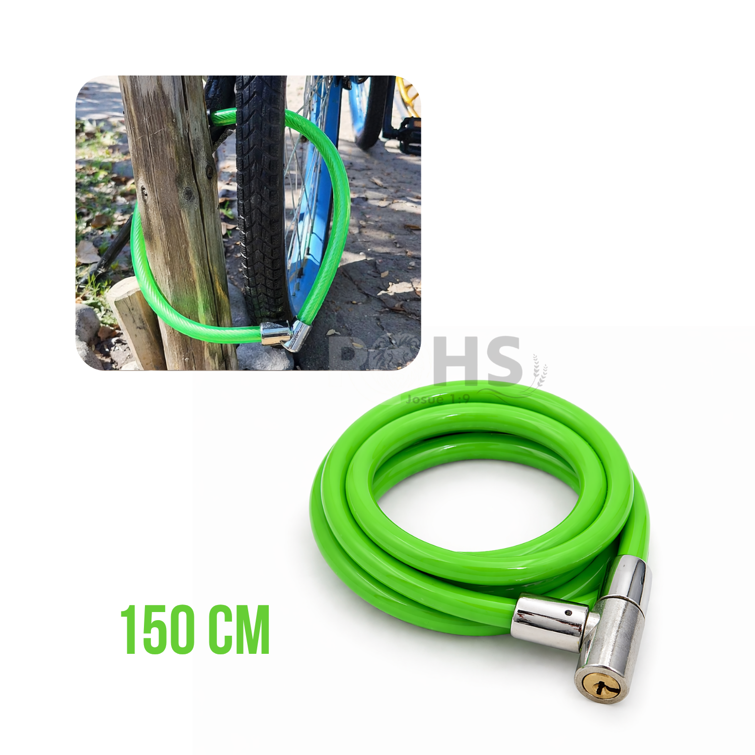 CANDADO PARA BICICLETA VERDE TIPO CABLE 150 CM CON LLAVE SEGURIDAD ANTIRROBO - 2