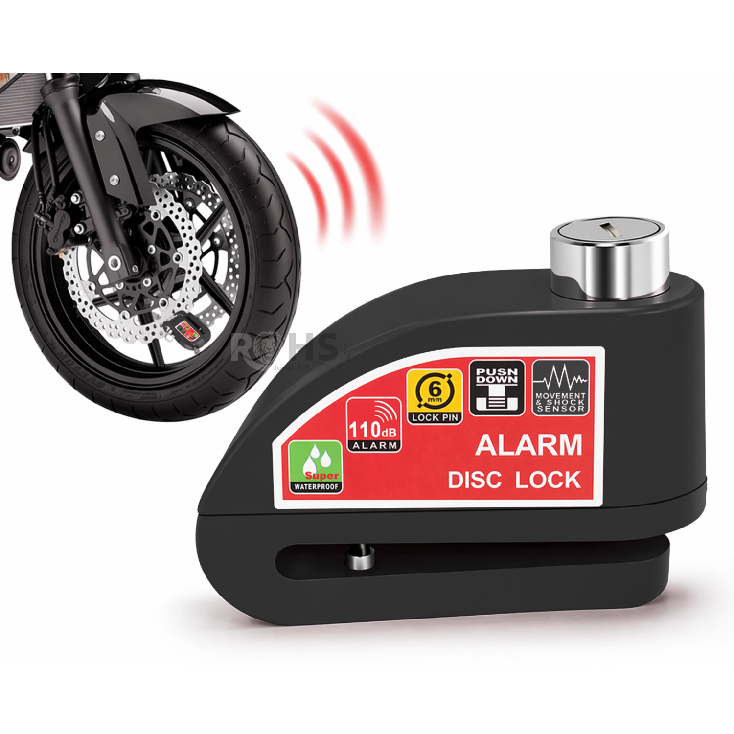CANDADO PARA DISCO DE MOTO CON ALARMA 110DB ANTIRROBO NEGRO RESISTENTE AL AGUA - 4