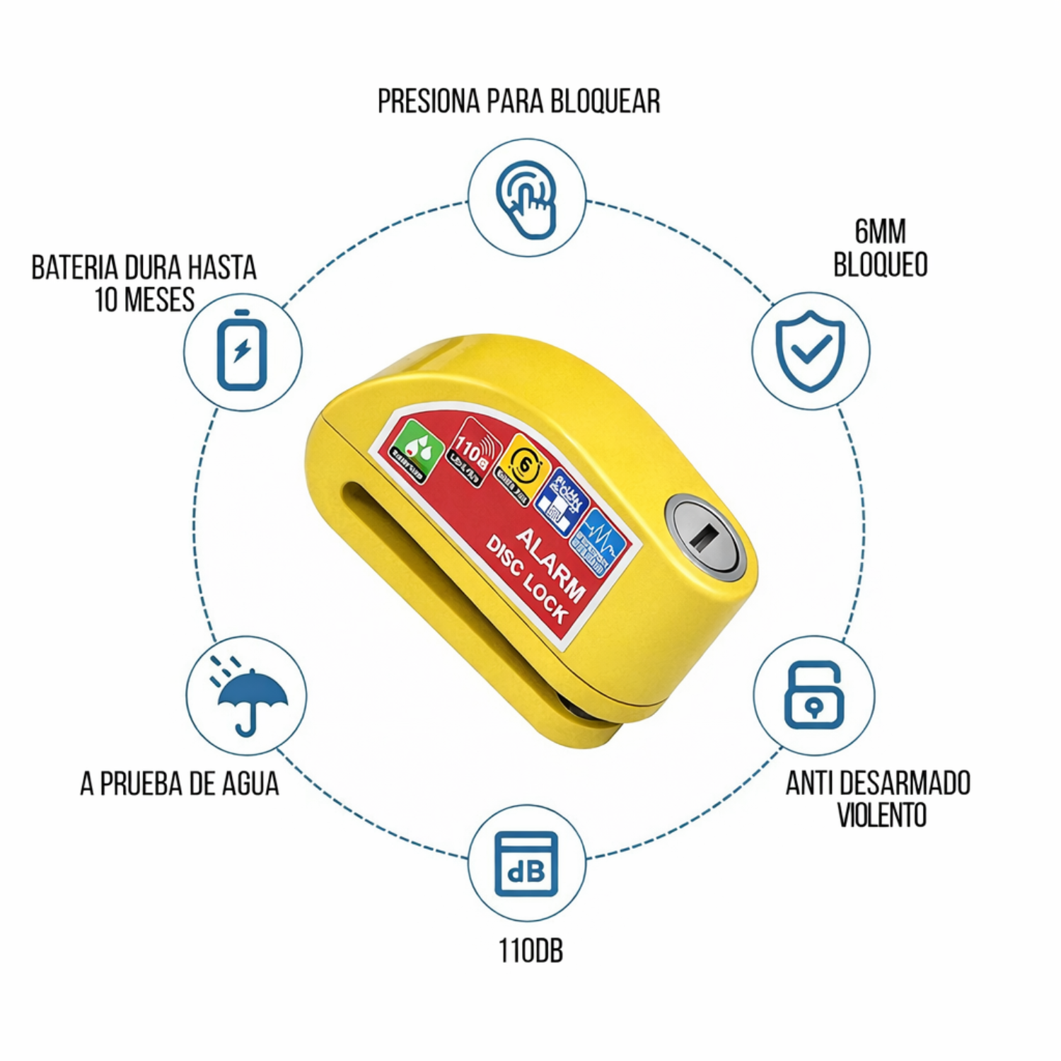 CANDADO PARA DISCO DE MOTO CON ALARMA 110DB ANTIRROBO AMARILLO RESISTENTE AL AGUA - 2