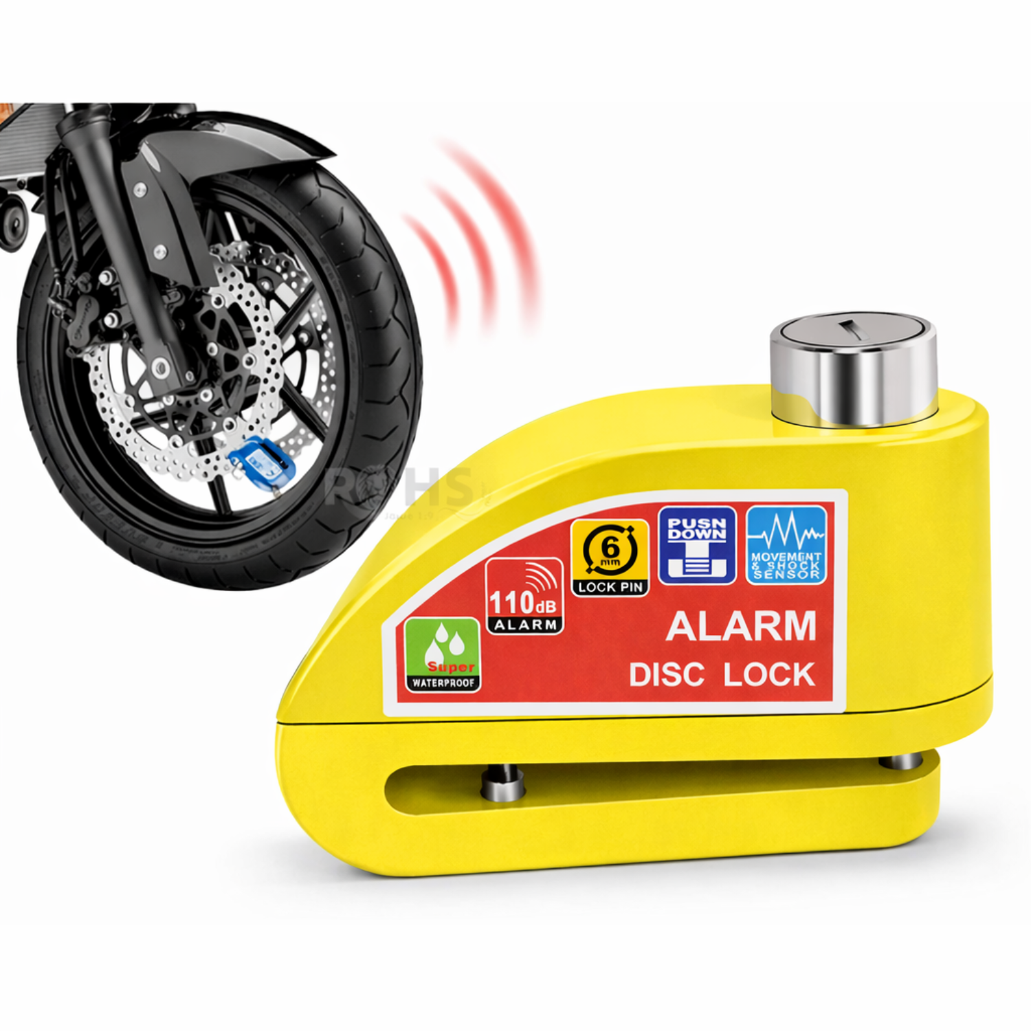 CANDADO PARA DISCO DE MOTO CON ALARMA 110DB ANTIRROBO AMARILLO RESISTENTE AL AGUA - 4