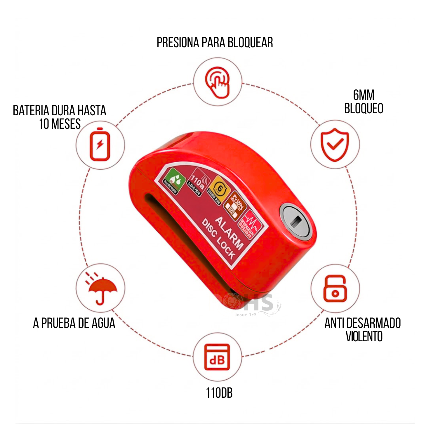 CANDADO PARA DISCO DE MOTO CON ALARMA 110DB ANTIRROBO ROJO RESISTENTE AL AGUA - 2