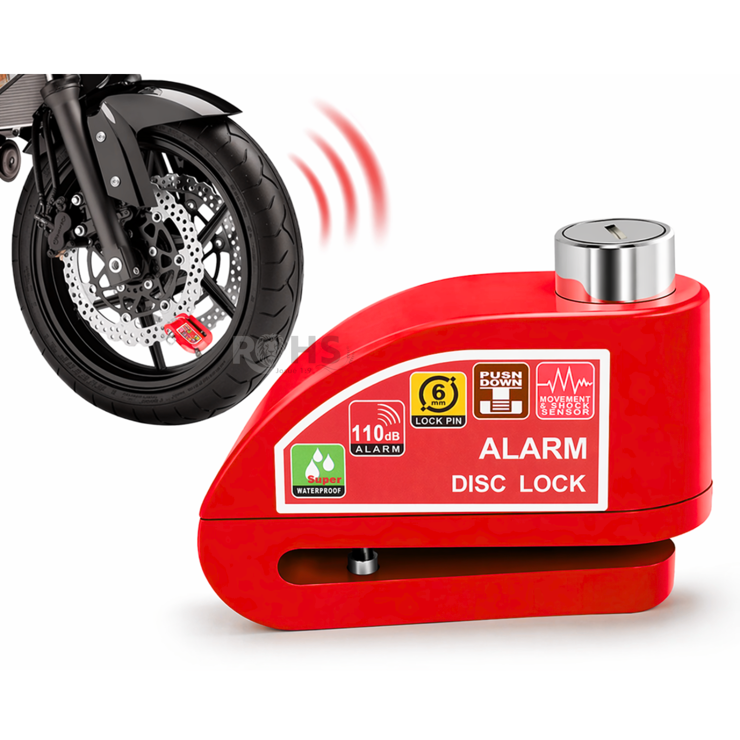 CANDADO PARA DISCO DE MOTO CON ALARMA 110DB ANTIRROBO ROJO RESISTENTE AL AGUA - 4