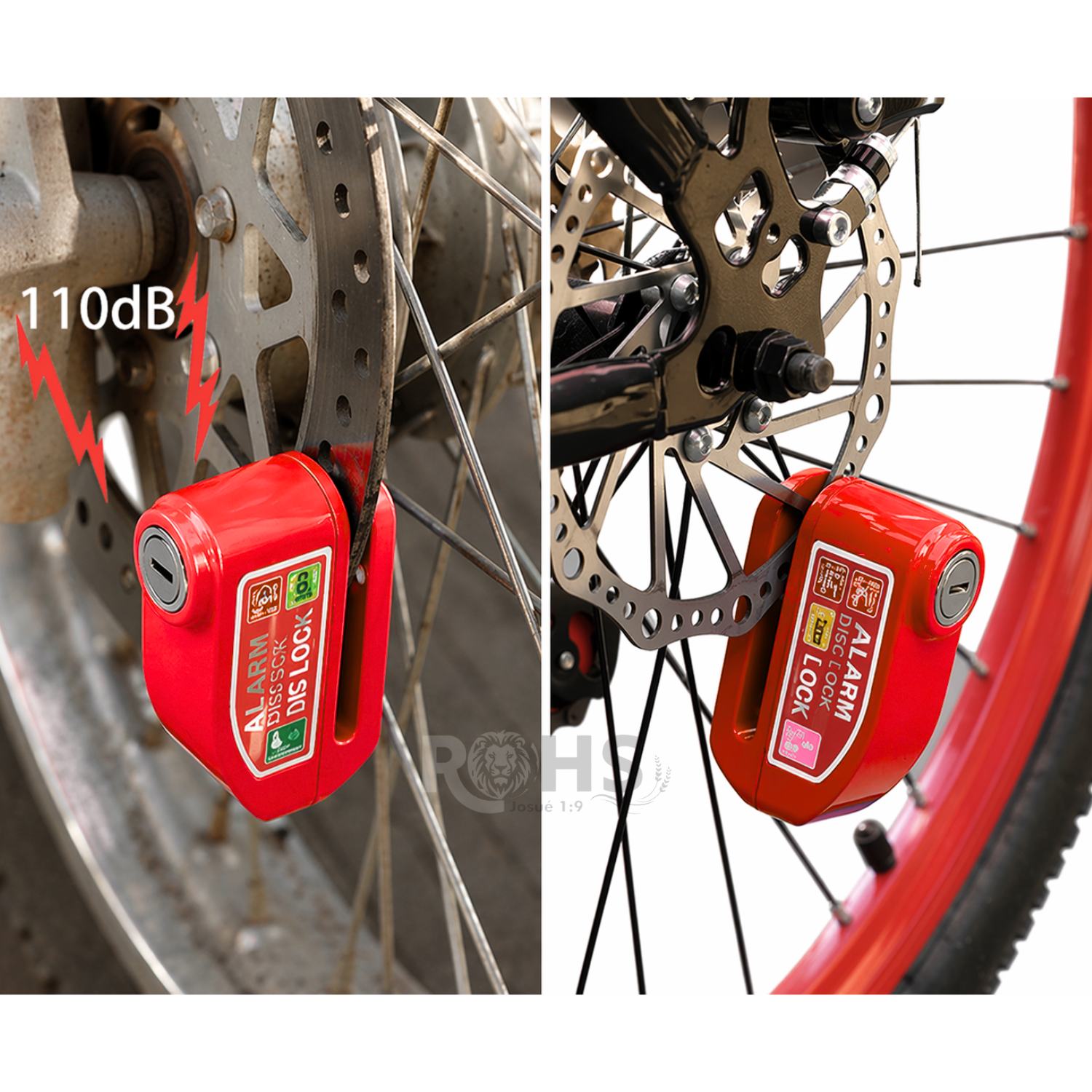 CANDADO PARA DISCO DE MOTO CON ALARMA 110DB ANTIRROBO ROJO RESISTENTE AL AGUA - 6