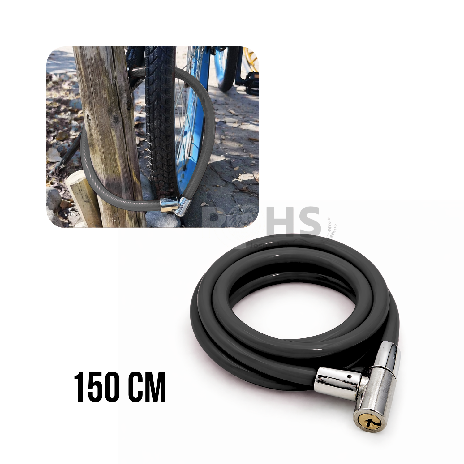 CANDADO PARA BICICLETA NEGRO 150 CM CABLE DE SEGURIDAD CON LLAVE ANTIRROBO - 2