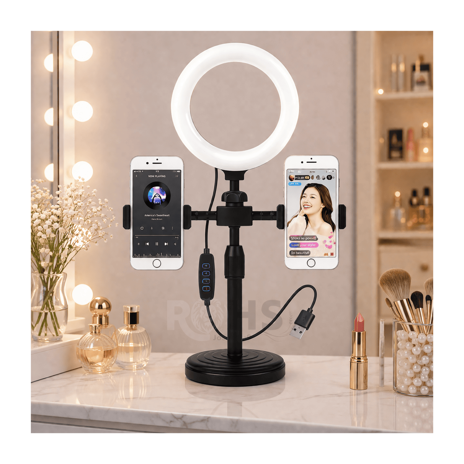 ARO LED CON DOBLE SOPORTE AJUSTABLE PARA CELULAR BASE DE ESCRITORIO ILUMINACIÓN PROFESIONAL - 1