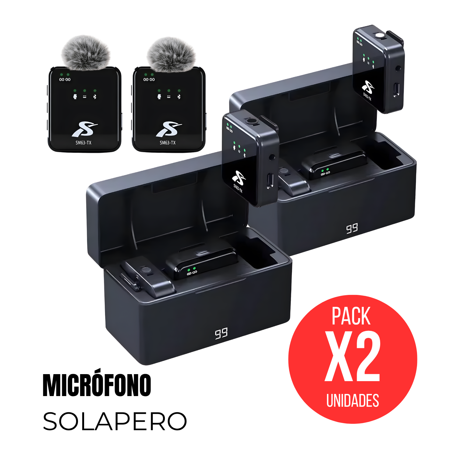 PACK 2 MICRÓFONOS SOLAPERO INALÁMBRICO DUAL 4 EN 1 SX63 CON CANCELACIÓN DE RUIDO ALTA SENSIBILIDAD - 1