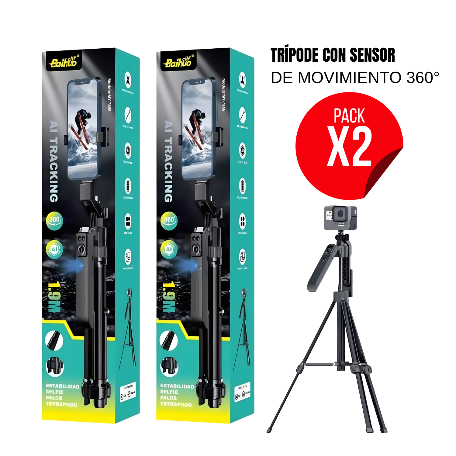 PACK 2 TRÍPODES PARA CELULAR CON SEGUIMIENTO INTELIGENTE 360° SENSOR DE MOVIMIENTO Y CONTROL REMOTO - 1