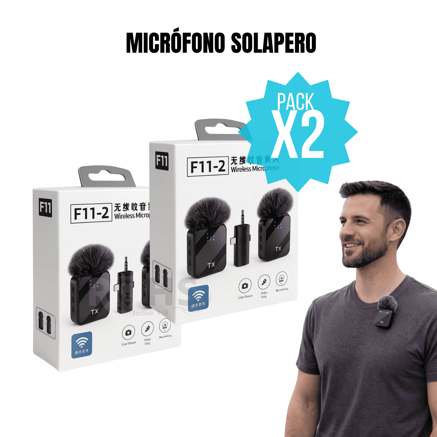 PACK 2 MICRÓFONOS SOLAPERO INALÁMBRICO DUAL F11-2 CON CAPTACIÓN OMNIDIRECCIONAL Y CANCELACIÓN DE RUIDO - 1