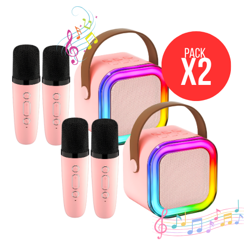 PACK X2 MICRÓFONO DE KARAOKE CON PARLANTE BLUETOOTH PORTÁTIL CON LUCES RGB Y MICRÓFONOS INALÁMBRICOS ROSADO - 1
