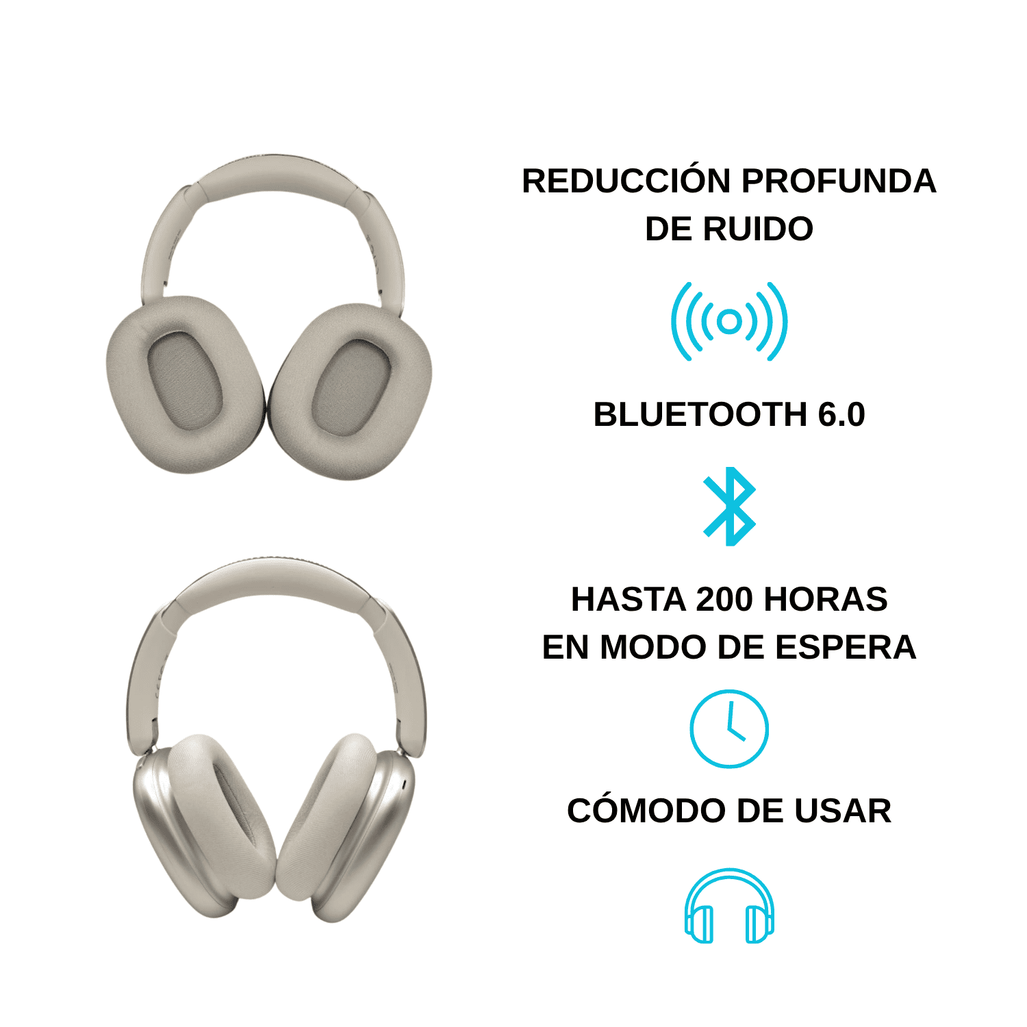 HEADPHONES BLUETOOTH INALÁMBRICOS KIMISO K600 ANC CON CANCELACIÓN DE RUIDO SONIDO EQUILIBRADO BEIGE - 4