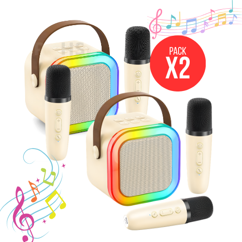 PACK X2 MICRÓFONO DE KARAOKE CON PARLANTE BLUETOOTH PORTÁTIL CON LUCES RGB Y MICRÓFONOS INALÁMBRICOS BEIGE - 1