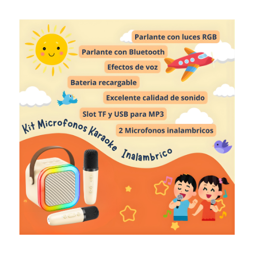 PACK X2 MICRÓFONO DE KARAOKE CON PARLANTE BLUETOOTH PORTÁTIL CON LUCES RGB Y MICRÓFONOS INALÁMBRICOS BEIGE - 6