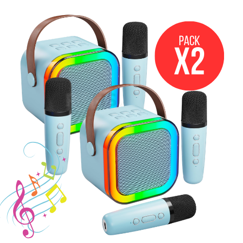 PACK X2 MICRÓFONO DE KARAOKE CON PARLANTE BLUETOOTH PORTÁTIL CON LUCES RGB Y MICRÓFONOS INALÁMBRICOS CELESTE - 1
