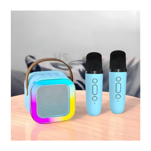 PACK X2 MICRÓFONO DE KARAOKE CON PARLANTE BLUETOOTH PORTÁTIL CON LUCES RGB Y MICRÓFONOS INALÁMBRICOS CELESTE - 4