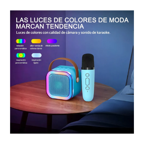 PACK X2 MICRÓFONO DE KARAOKE CON PARLANTE BLUETOOTH PORTÁTIL CON LUCES RGB Y MICRÓFONOS INALÁMBRICOS CELESTE - 5