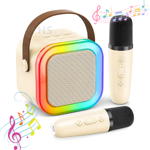 MICRÓFONO DE KARAOKE CON PARLANTE BLUETOOTH PORTÁTIL CON LUCES RGB Y MICRÓFONO INALÁMBRICO BEIGE - 1