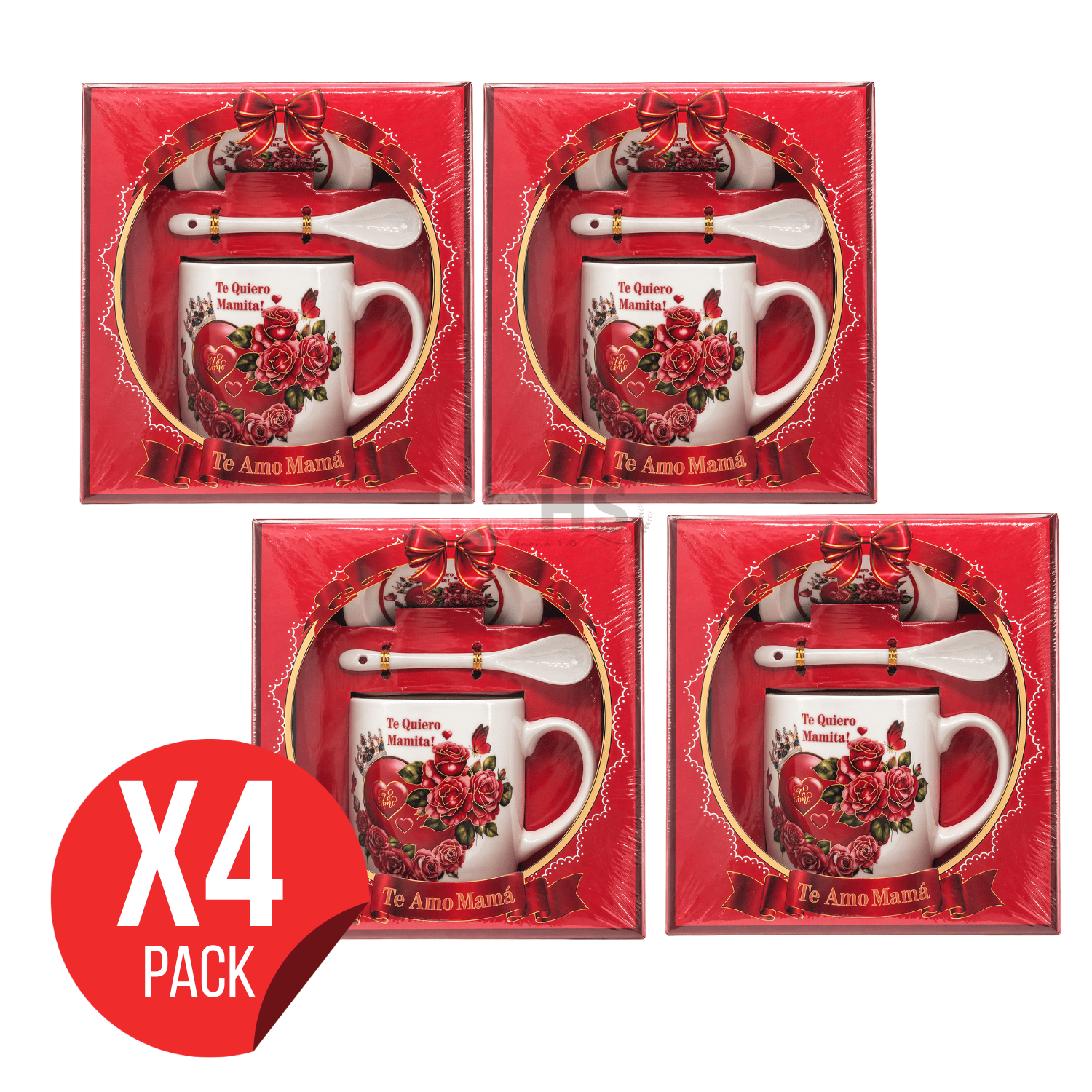 PACK 4 SETS DE REGALO PARA DÍA DE LA MADRE TAZA CON PLATO Y CUCHARA TE AMO MAMÁ DISEÑO ROJO CERÁMICA - 1