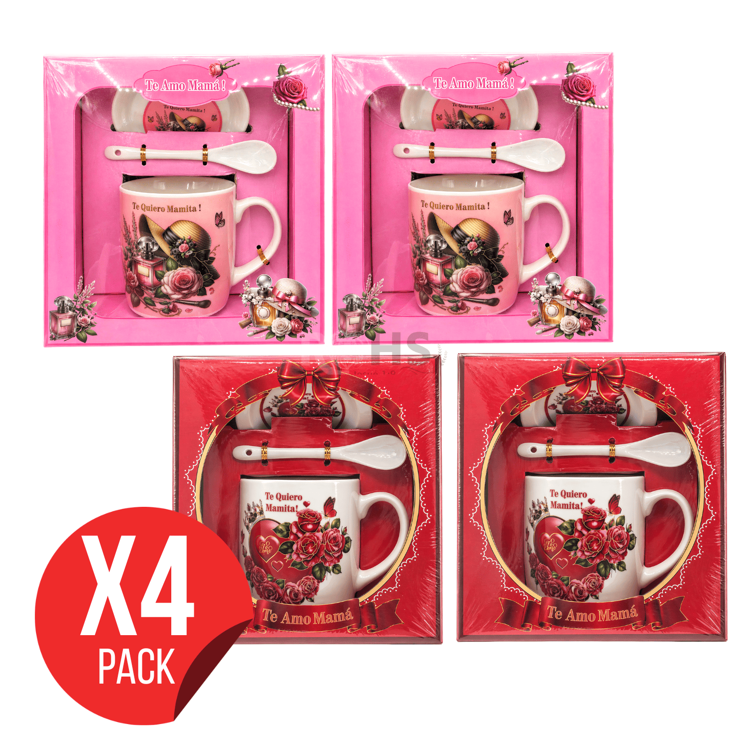 PACK 4 SETS DE REGALO PARA DÍA DE LA MADRE TAZA CON PLATO Y CUCHARA TE AMO MAMÁ DISEÑO ROSA Y ROJO CERÁMICA - 1