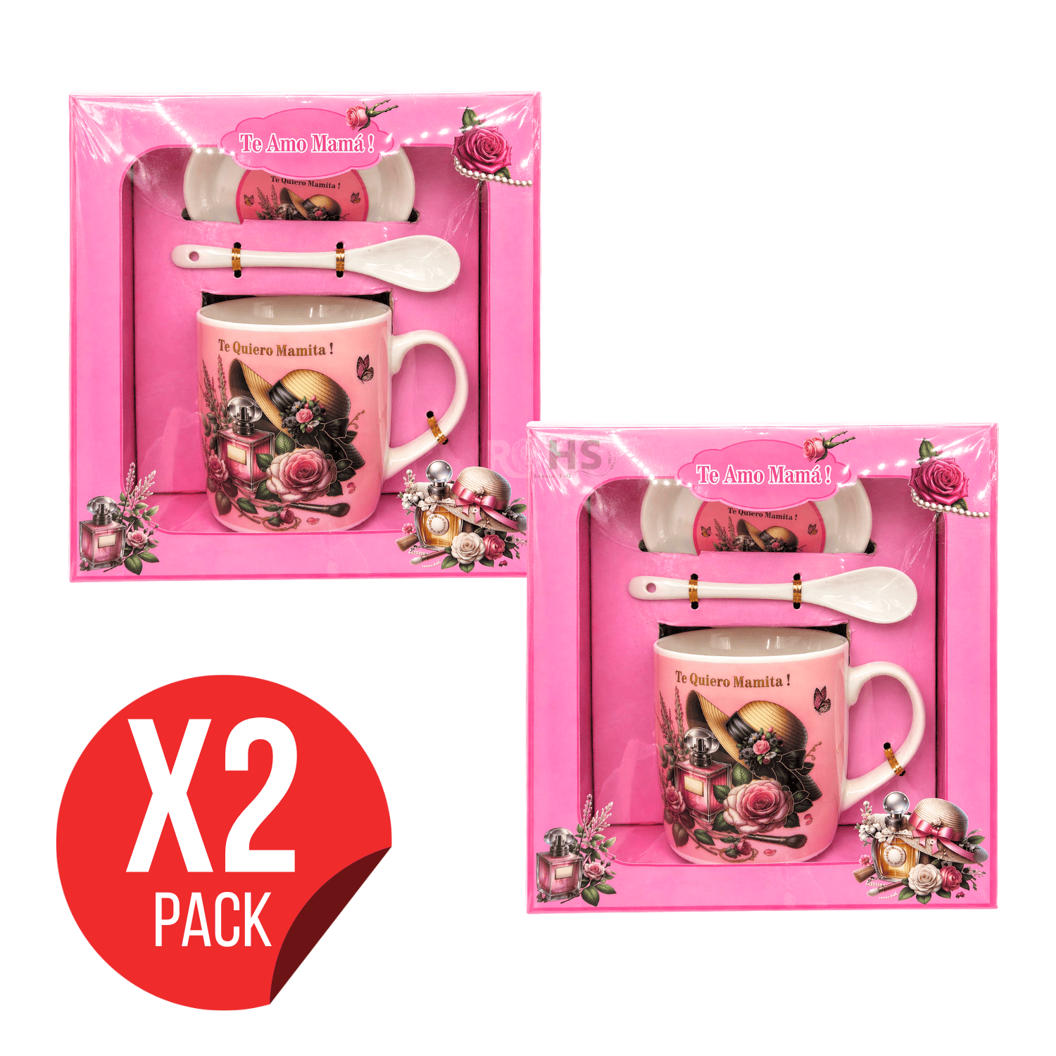 PACK 2 SETS DE REGALO PARA DÍA DE LA MADRE TAZA CON PLATO Y CUCHARA TE AMO MAMÁ DISEÑO ROSA CERÁMICA - 1