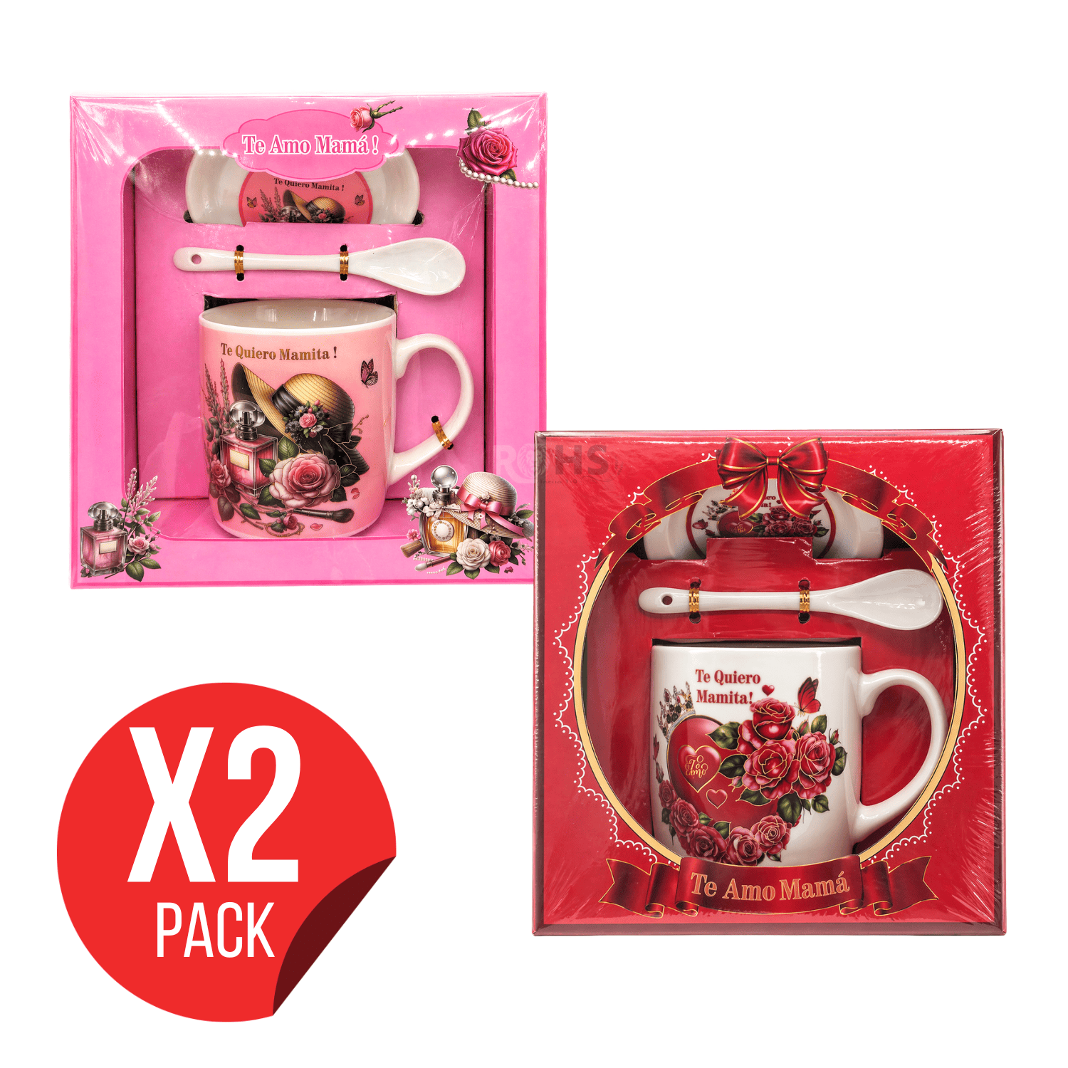 PACK 2 SETS DE REGALO PARA DÍA DE LA MADRE TAZA CON PLATO Y CUCHARA TE AMO MAMÁ DISEÑO ROSA Y ROJO CERÁMICA - 1