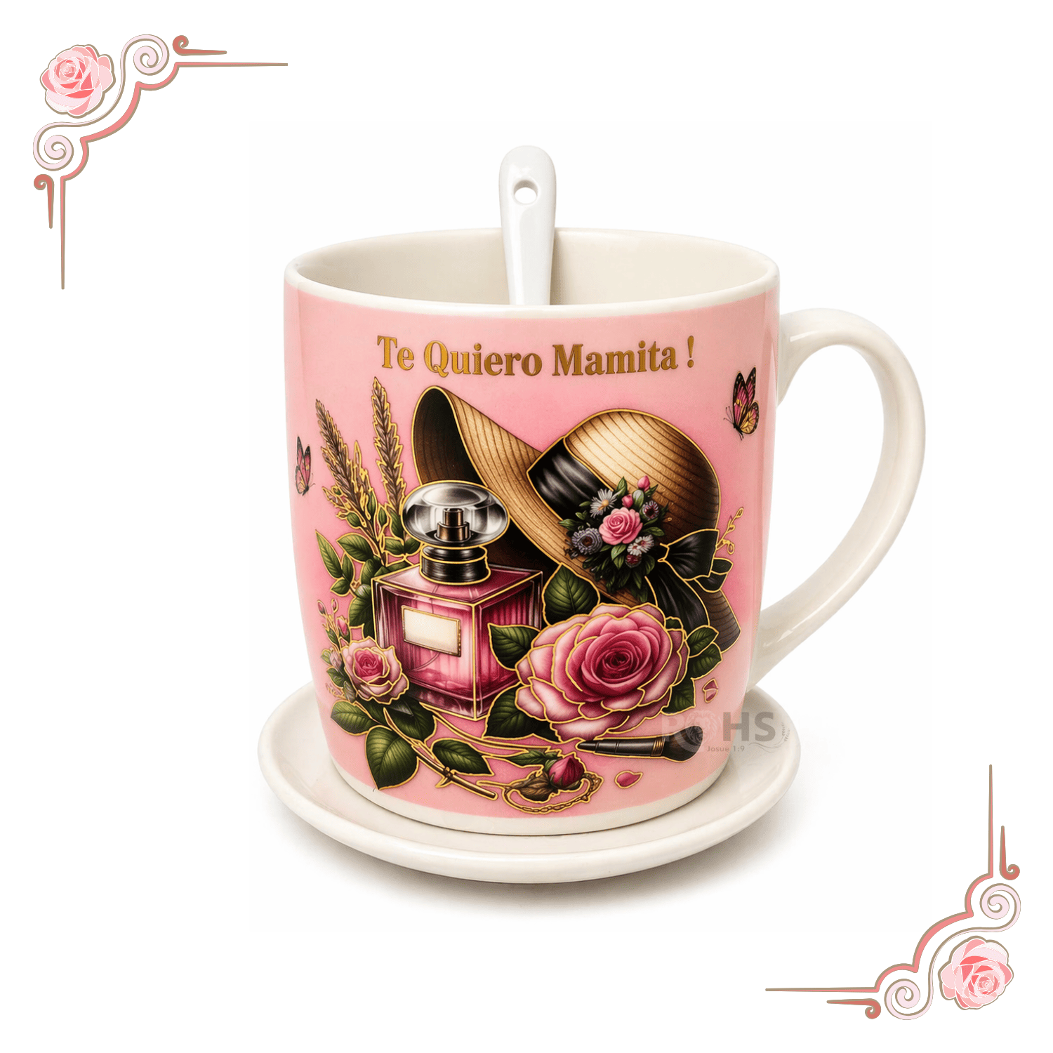 PACK 2 SETS DE REGALO PARA DÍA DE LA MADRE TAZA CON PLATO Y CUCHARA TE AMO MAMÁ DISEÑO ROSA Y ROJO CERÁMICA - 2