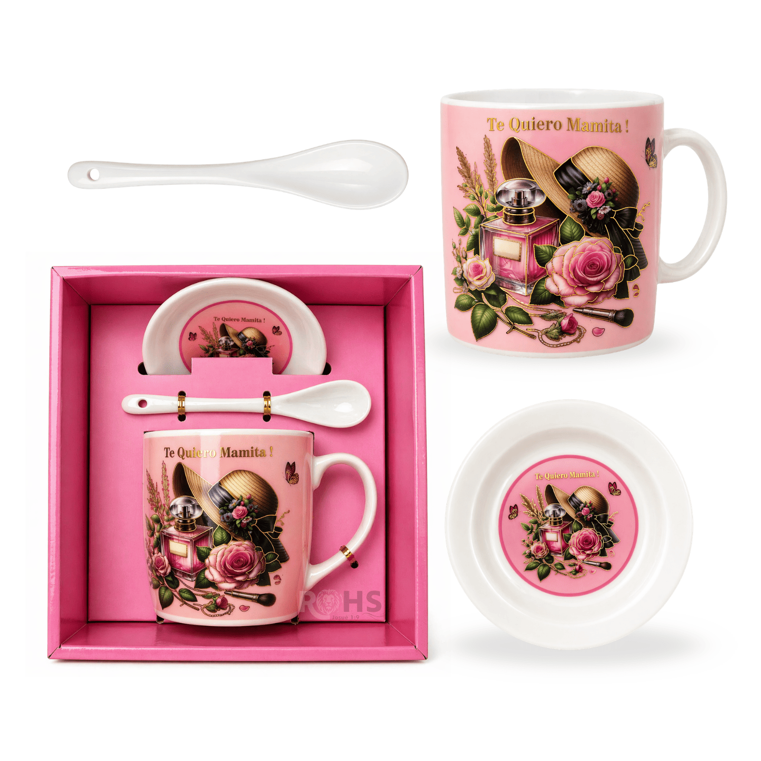 SET DE REGALO PARA DÍA DE LA MADRE TAZA CON PLATO Y CUCHARA TE AMO MAMÁ DISEÑO ROSA CERÁMICA - 4