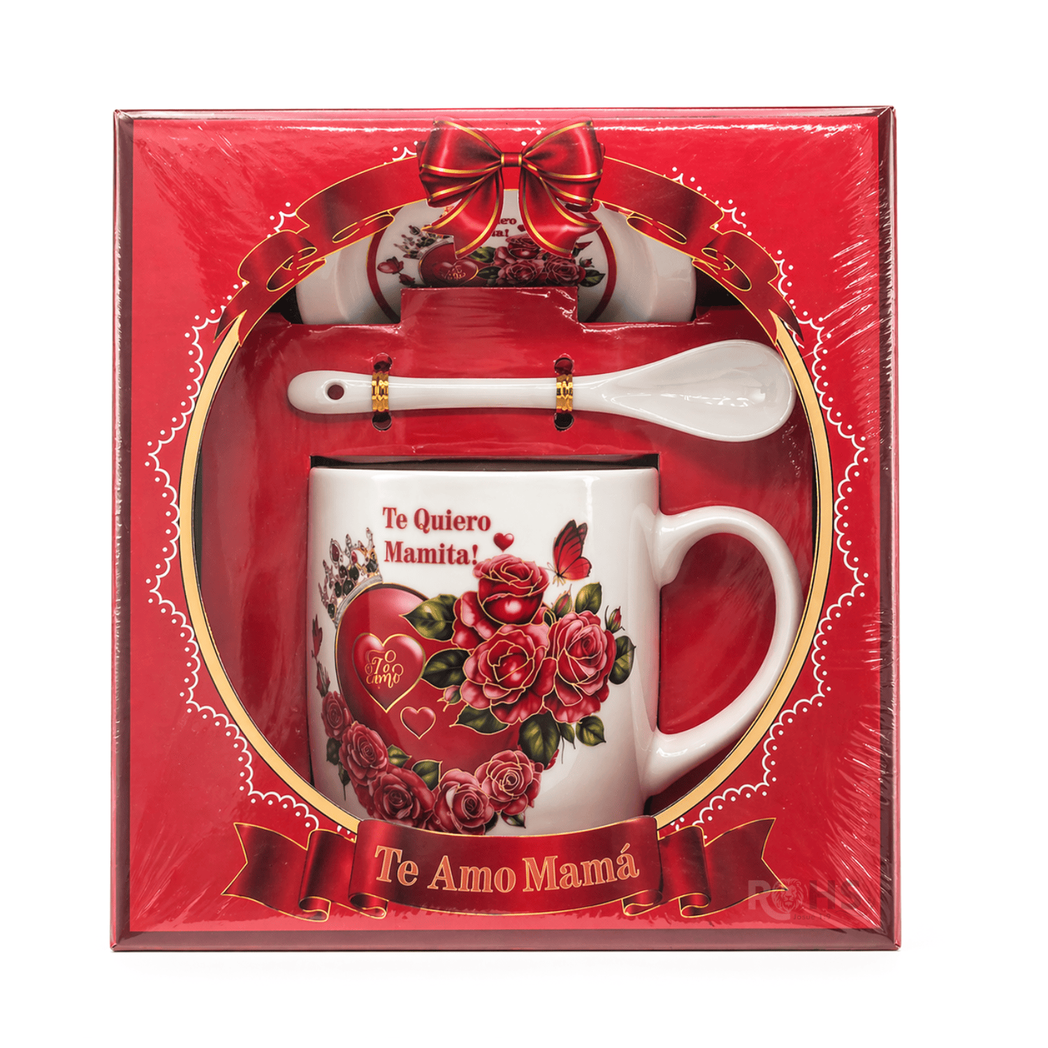 PACK 2 SETS DE REGALO PARA DÍA DE LA MADRE TAZA CON PLATO Y CUCHARA TE AMO MAMÁ DISEÑO ROJO CERÁMICA - 2
