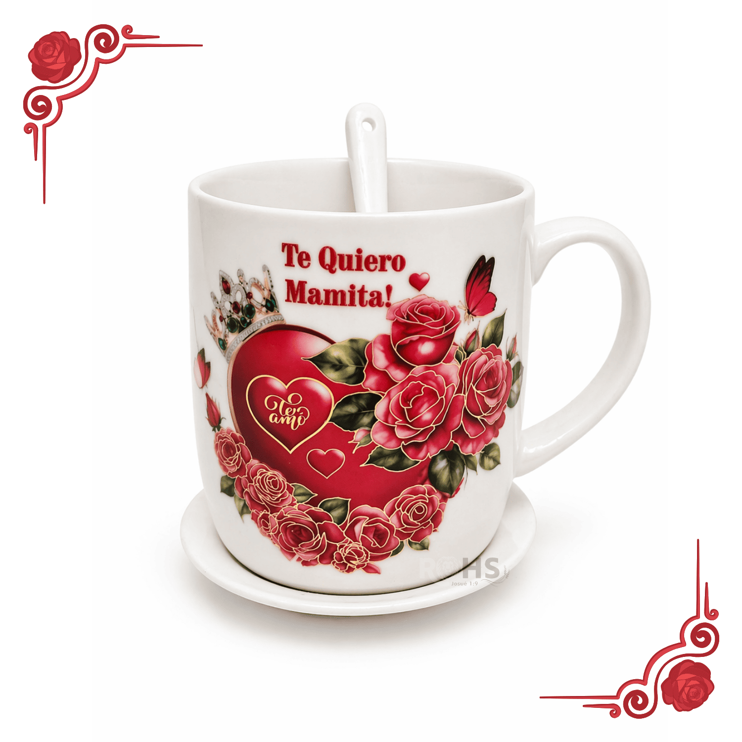 PACK 2 SETS DE REGALO PARA DÍA DE LA MADRE TAZA CON PLATO Y CUCHARA TE AMO MAMÁ DISEÑO ROJO CERÁMICA - 3