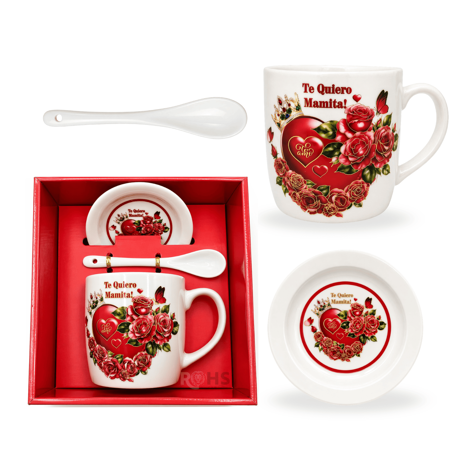 PACK 2 SETS DE REGALO PARA DÍA DE LA MADRE TAZA CON PLATO Y CUCHARA TE AMO MAMÁ DISEÑO ROJO CERÁMICA - 5