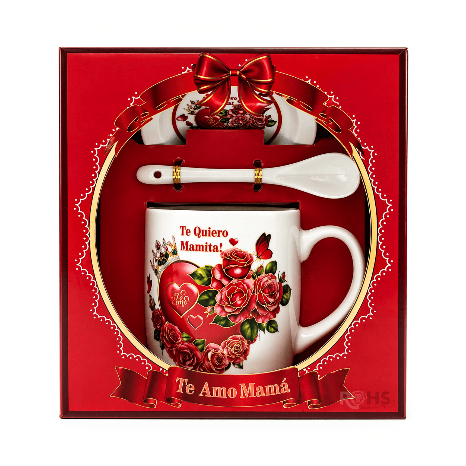PACK 2 SETS DE REGALO PARA DÍA DE LA MADRE TAZA CON PLATO Y CUCHARA TE AMO MAMÁ DISEÑO ROJO CERÁMICA - 6