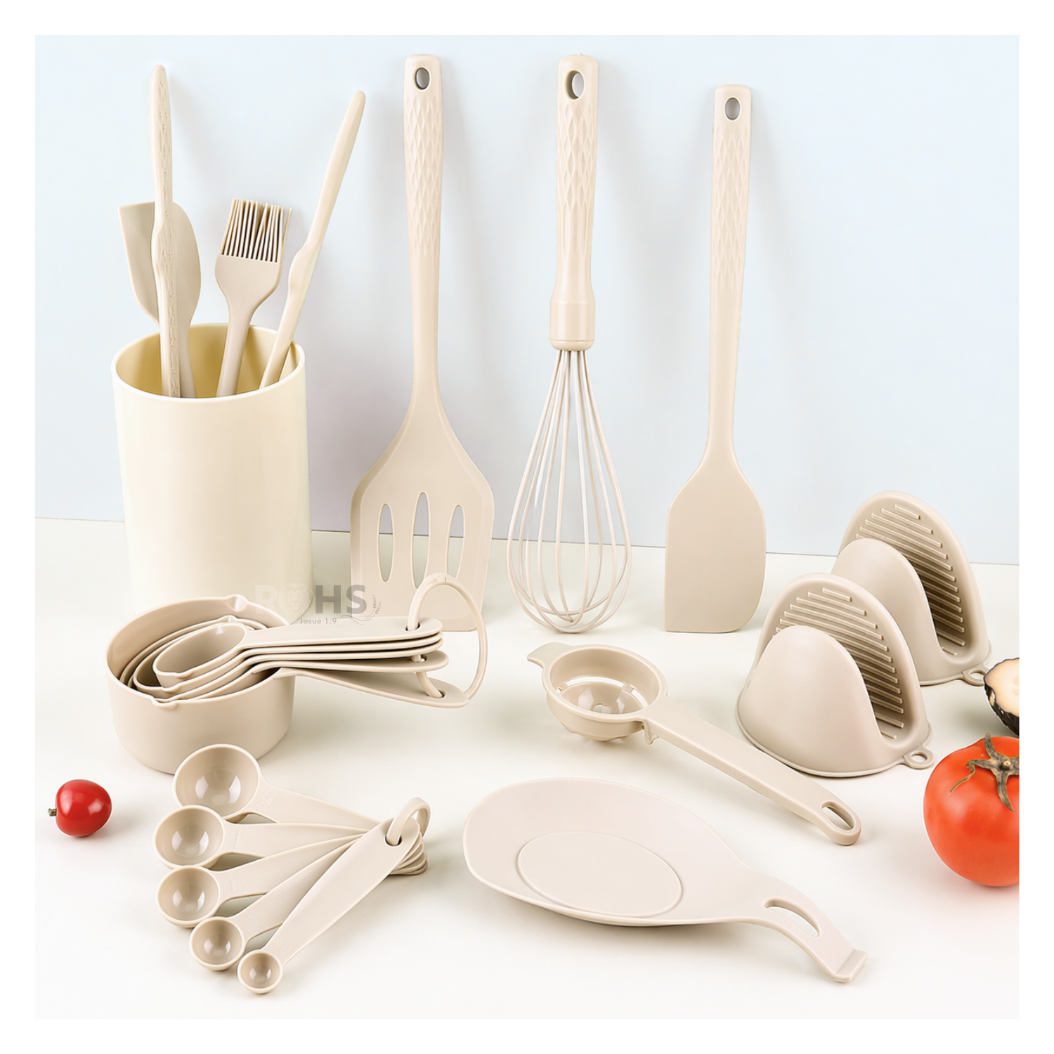 SET DE UTENSILIOS DE COCINA SILICONA 21 PIEZAS CON BASE Y ACCESORIOS RESISTENTE AL CALOR BEIGE - 2