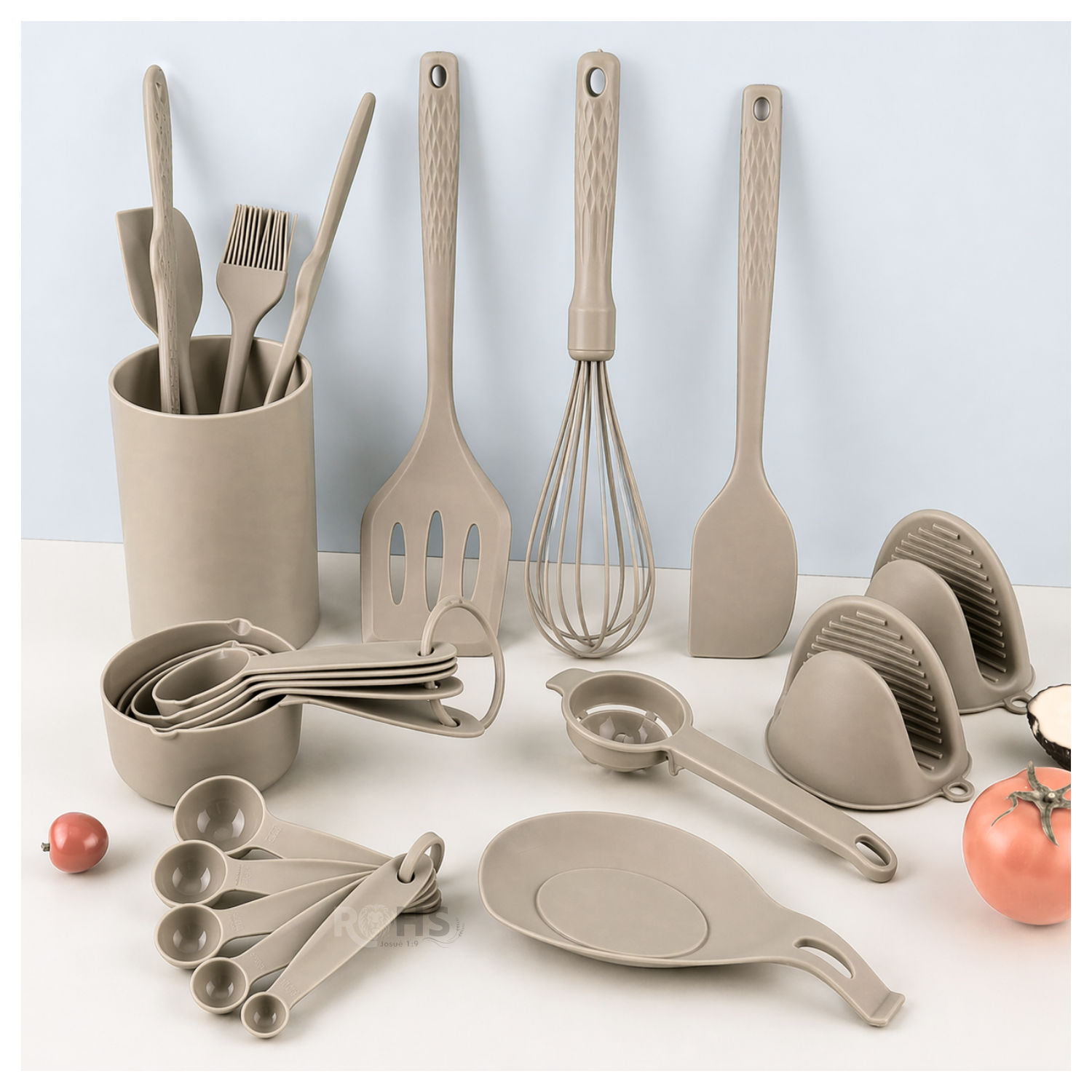 SET DE UTENSILIOS DE COCINA SILICONA 21 PIEZAS CON BASE Y ACCESORIOS RESISTENTE AL CALOR - CAFÉ - 2